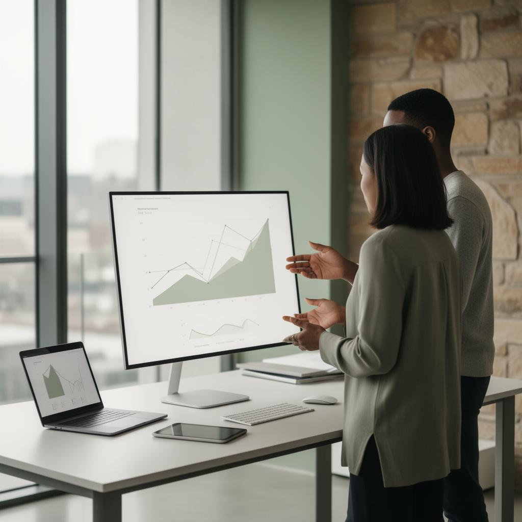 Two advisors collaborating at a modern workspace, reviewing a clean data visualization on a large display — partnership and discipline at the heart of R Arthur's advisory work